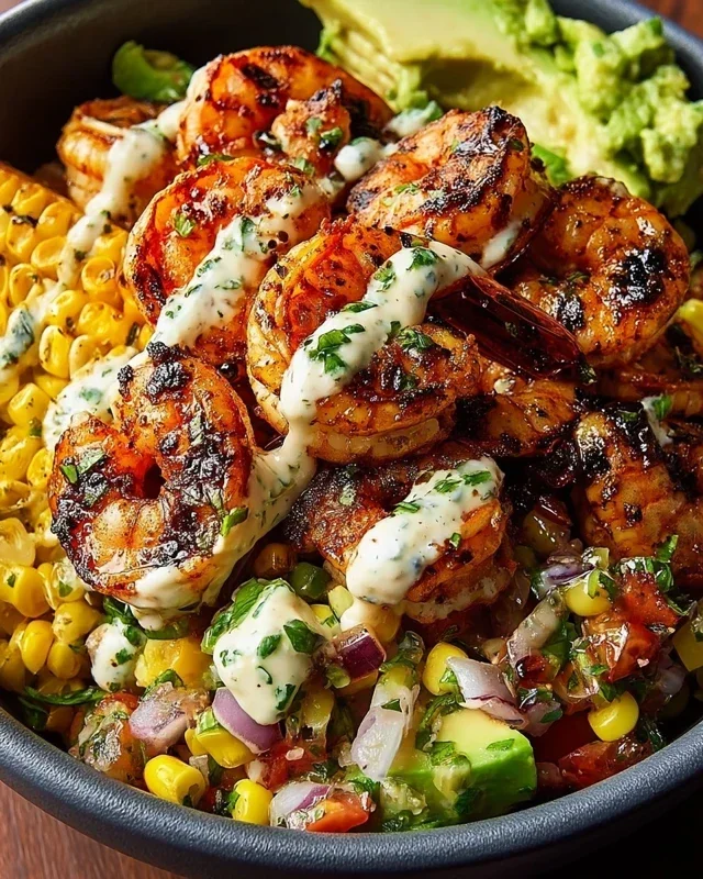 Grilled Shrimp Bowl with Avocado, Corn Salsa & Creamy Garlic Sauce