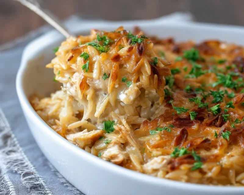 French Onion Chicken Orzo Casserole