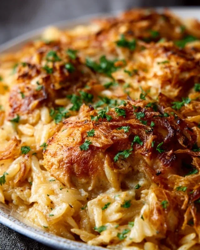 French Onion Chicken Orzo Casserole
