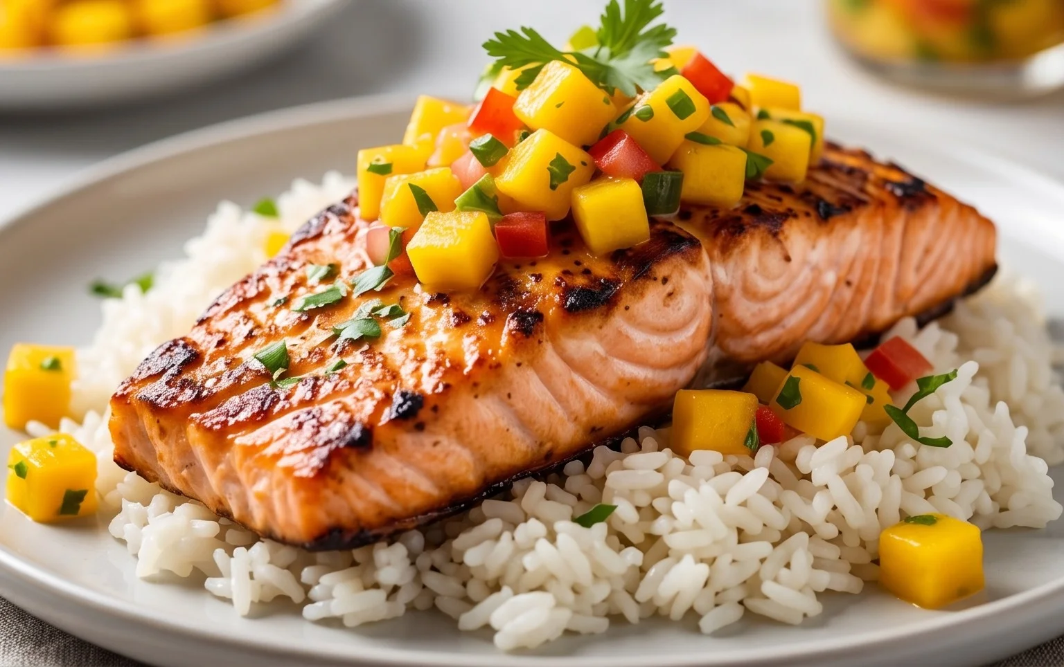 Grilled Salmon with Mango Salsa and Coconut Rice