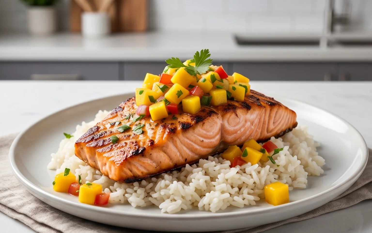 Grilled Salmon with Mango Salsa and Coconut Rice